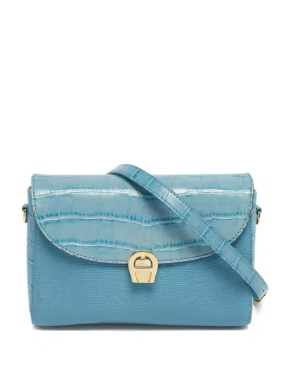 Pre-owned Aigner Vintage Genoveva Embossed-leather Crossbody Bag In Blue