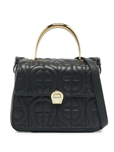 Pre-owned Aigner Vintage Genoveva Horseshoe-embossed Tote Bag In Black