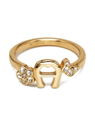 Pre-owned Aigner Vintage Gold Logo Crystal Ring