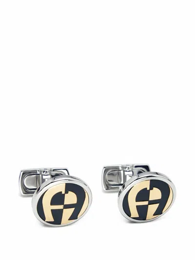 Pre-owned Aigner Vintage Logo Enamel Cufflinks In Silver