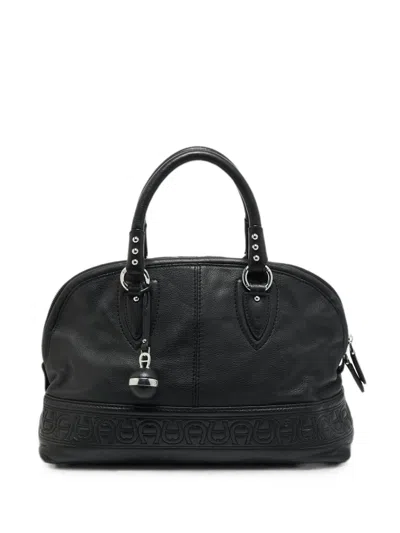 Pre-owned Aigner Vintage Logo-embossed Leather Tote Bag In Black