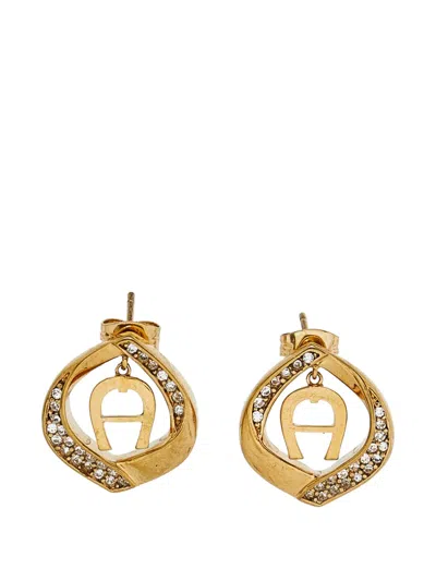 Pre-owned Aigner Vintage Logo-pendant Crystal-embellished Earrings In Gold