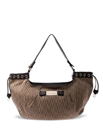 Pre-owned Aigner Vintage Monogram Leather-trim Shoulder Bag In Neutral