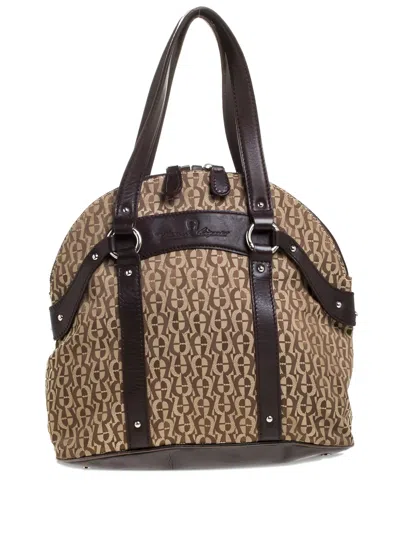 Pre-owned Aigner Vintage Monogram Leather-trim Tote Bag In Neutral
