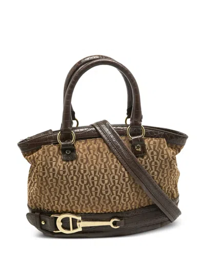 Pre-owned Aigner Vintage Patterned Satchel Tote Bag In Brown