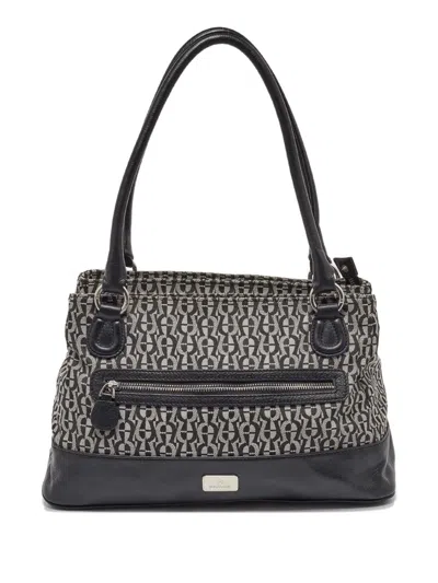 Pre-owned Aigner Vintage  Patterned Leather-trim Tote Bag In Black