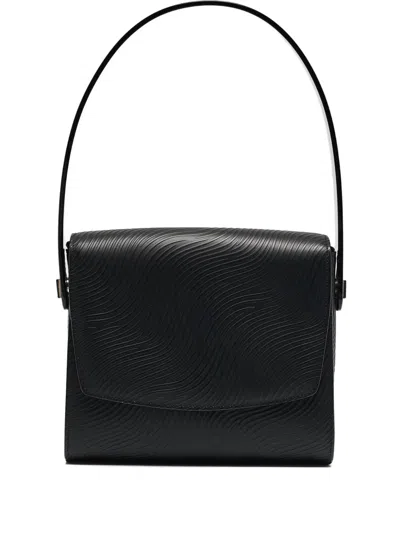 Pre-owned Aigner Vintage  Wave-pattern Leather Shoulder Bag In Black
