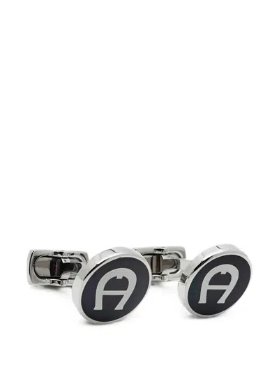 Pre-owned Aigner Vintage Round-shape Enamel Cufflinks In Silver
