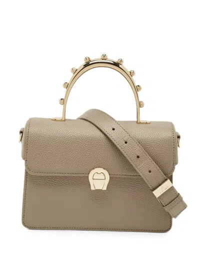 Pre-owned Aigner Vintage Small Genoveva Pearl Top-handle Leather Tote Bag In Neutral