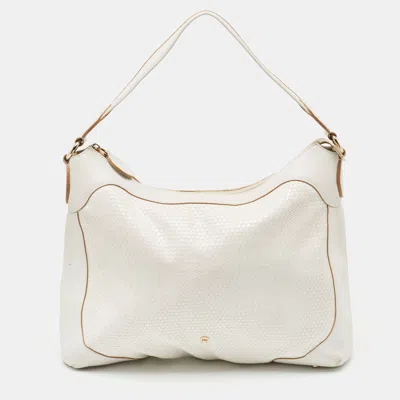 Aigner White Embossed Leather Zip Hobo