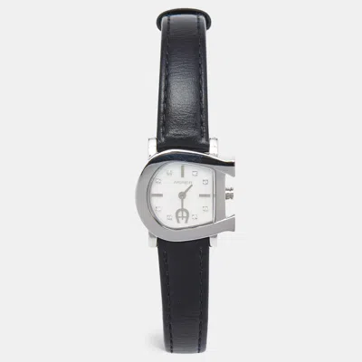 Pre-owned Aigner White Mother Of Pearl Stainless Steel Leather Genua Due A31000 Women's Wristwatch 26 Mm