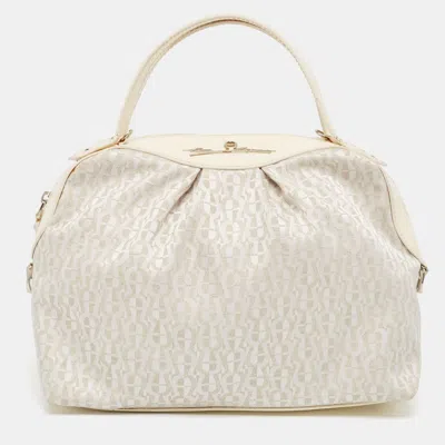 Aigner White/cream Monogram Canvas And Patent Leather Logo Satchel