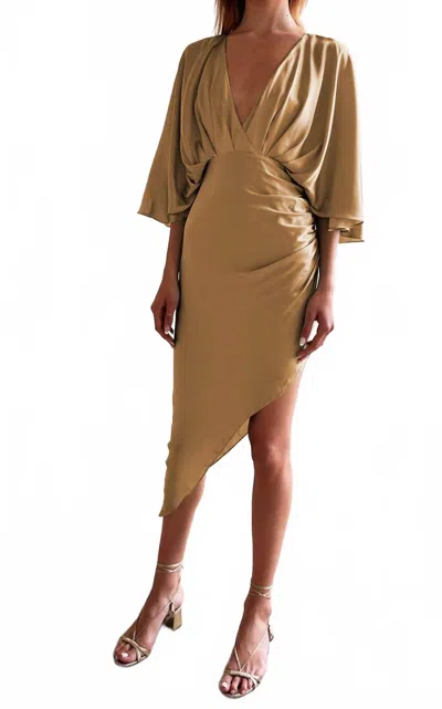 Aiifos Anabelle V Neck Midi Dress In Tan In Brown