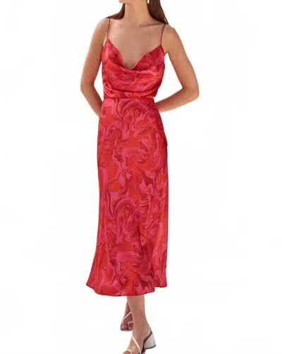 Aiifos Linda Slip Midi Skirt In Pink And Red Marble