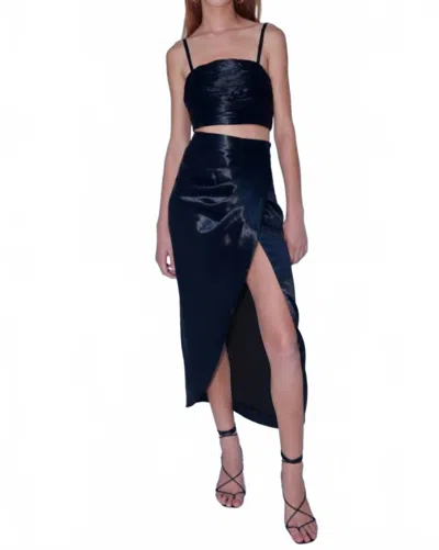 Aiifos Orla Satin Midi Skirt In Metallic Black In Blue