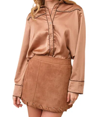 Aila Blue Long Sleeve Studded Shirt Blouse In Tan In Multi
