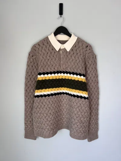 Pre-owned Aimé Leon Dore Basketweave Knit Rugby In Beige In Linen