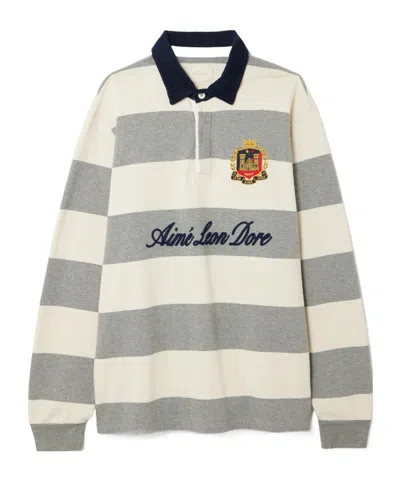 Aimé Leon Dore Script Embroidered Printed Striped Corduroy-trimmed Cotton Rugby Shirt In Gray