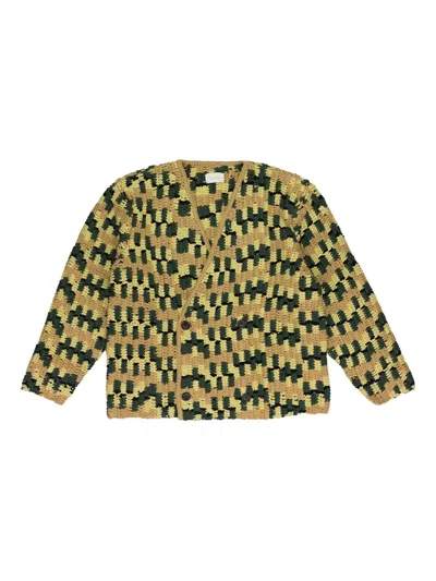 Aimé Leon Dore Camo Double Breasted Hand Knit Cardigan In Yellow