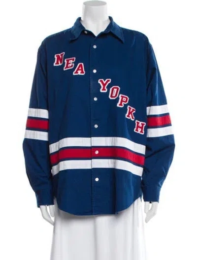 Pre-owned Aimé Leon Dore Graphic Print Long Sleeve Button-up Top In Blue