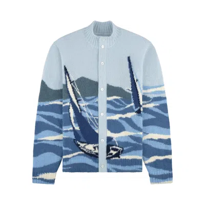 Pre-owned Aimé Leon Dore Intarsia Cardigan 'seascape' | Blue | Men's Size Xl