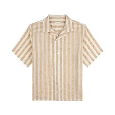 Pre-owned Aimé Leon Dore Linen Blend Striped Camp Shirt 'khaki/white Stripe' | Tan | Men's Size Xxl In Brown