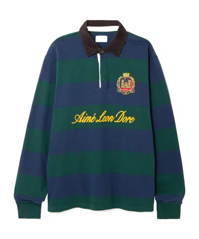 Aimé Leon Dore Script Embroidered Printed Striped Corduroy-trimmed Cotton Rugby Shirt In Green