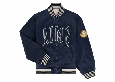 Pre-owned Aimé Leon Dore Men's Aime Leon Dore Reversible Varsity Jacket In Navy Blue/cream In Multi