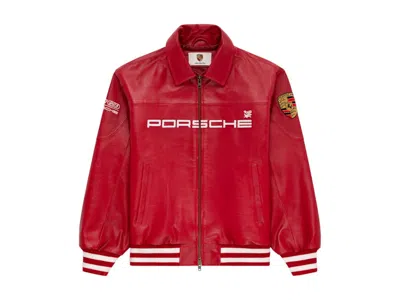 Pre-owned Aimé Leon Dore Men's Aime Leon Dore X Porsche 993 Turbo Leather Club Jacket In Tango Red