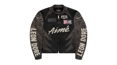 Pre-owned Aimé Leon Dore Men's Aime Leon Dore X Vanson Distressed Leather Moto Jacket In Black/cream