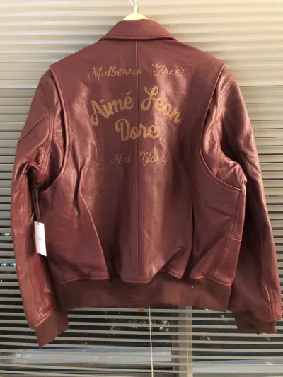 Pre-owned Aimé Leon Dore New Aime Leon Dore Brown Chainstitch Leather Bomber Jacket
