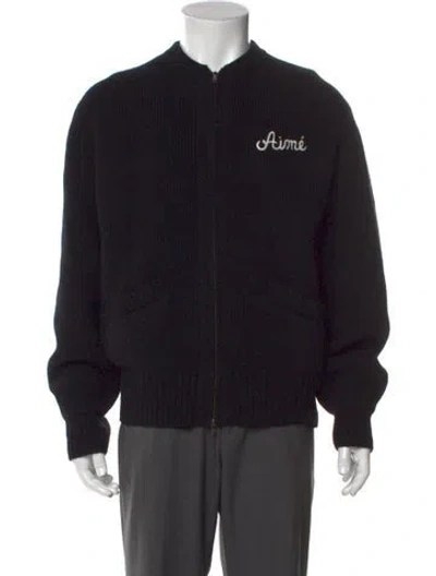 Pre-owned Aimé Leon Dore Wool Graphic Print Cardigan In Black