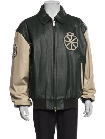 Pre-owned Aime Leon Dore X New Balance Leather Graphic Print Bomber Jacket In Green