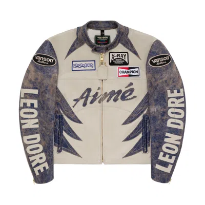 Pre-owned Aimé Leon Dore X Vanson Distressed Leather Moto Jacket 'pristine' | Cream | Men's Size S In White