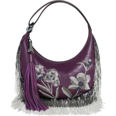 Aimee Bloom Beaded Leather Bean Bag In Purple