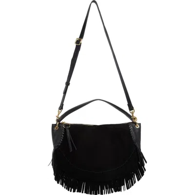 Aimee Dante Fringe Leather Shoulder Bag In Black Suede