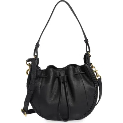 Aimee Whipstitched Leather Drawstring Bucket Bag In Black