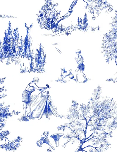 Pre-owned Aimee Wilder Camping Toile De Jouy Wallpaper Cobalt Blue On White, Lake