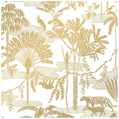 Pre-owned Aimee Wilder Jungle Dream Designer Screen Printed Wallpaper In Sphinx 'gold On White'