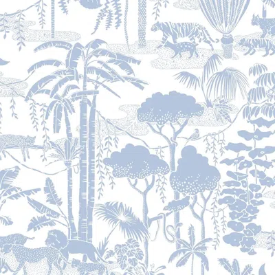 Pre-owned Aimee Wilder Jungle Dream Designer Wallpaper In Bluebell 'dusty Blue And White'
