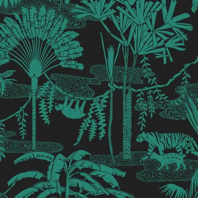 Pre-owned Aimee Wilder Jungle Dream Designer Wallpaper In Color Emerald 'green And Black'