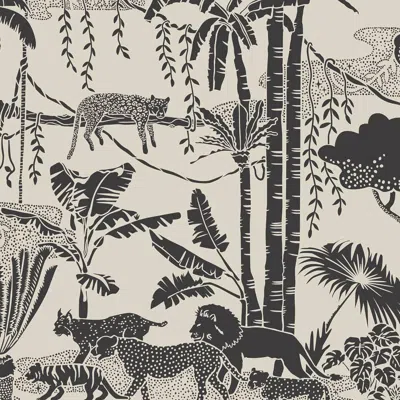 Pre-owned Aimee Wilder Jungle Dream Designer Wallpaper In Color Newsprint 'black And Warm Neutral' In Beige
