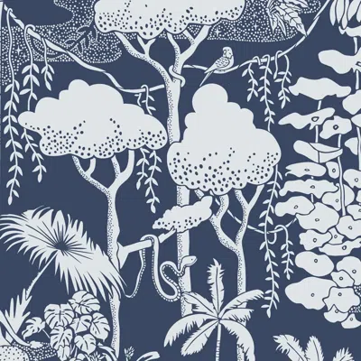 Pre-owned Aimee Wilder Jungle Dream Designer Wallpaper In Lune 'pale Grey And Navy' In Gray