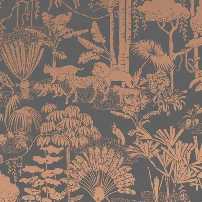 Pre-owned Aimee Wilder Jungle Dream Screen Printed Wallpaper In Glint 'metallic Copper On Charcoal' In Gray
