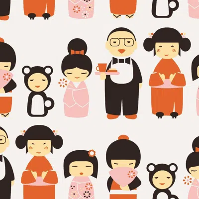 Pre-owned Aimee Wilder Kokeshi Designer Wallpaper In Hummingbird 'orange, Pink And Dark Brown On White'