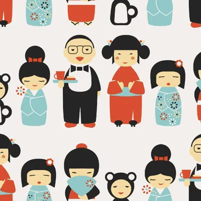 Pre-owned Aimee Wilder Kokeshi Designer Wallpaper In Ladybug 'red, Blue And Black On Soft White'