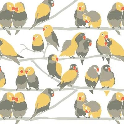 Pre-owned Aimee Wilder Lovebirds Designer Wallpaper 'yellow, Grey, Taupe, Orange And Pale Grey'