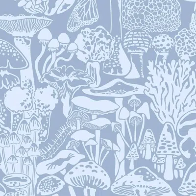 Pre-owned Aimee Wilder Mushroom City Designer Wallpaper In Glacial 'powder Blue And Periwinkle'