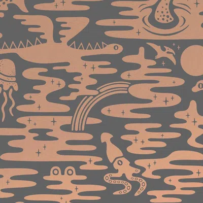 Pre-owned Aimee Wilder Mystic Lagoon Designer Wallpaper In Glint 'metallic Copper On Charcoal' In Gray