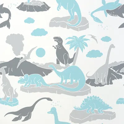 Pre-owned Aimee Wilder Pangaea Designer Dinosaur Wallpaper In Ice 'turquoise Blue And Greys'